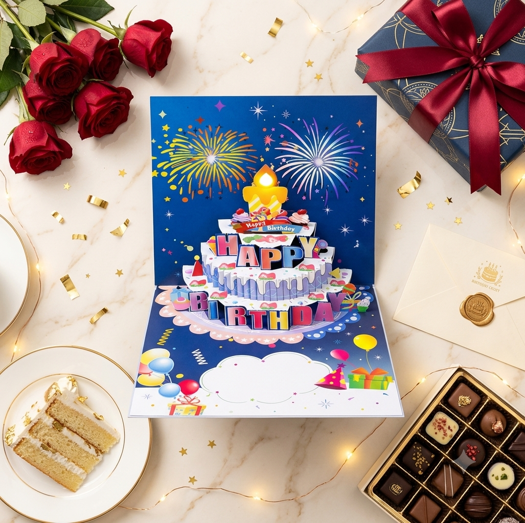 3D Musical Birthday Card with Lights, Music & Pop-Up Fireworks